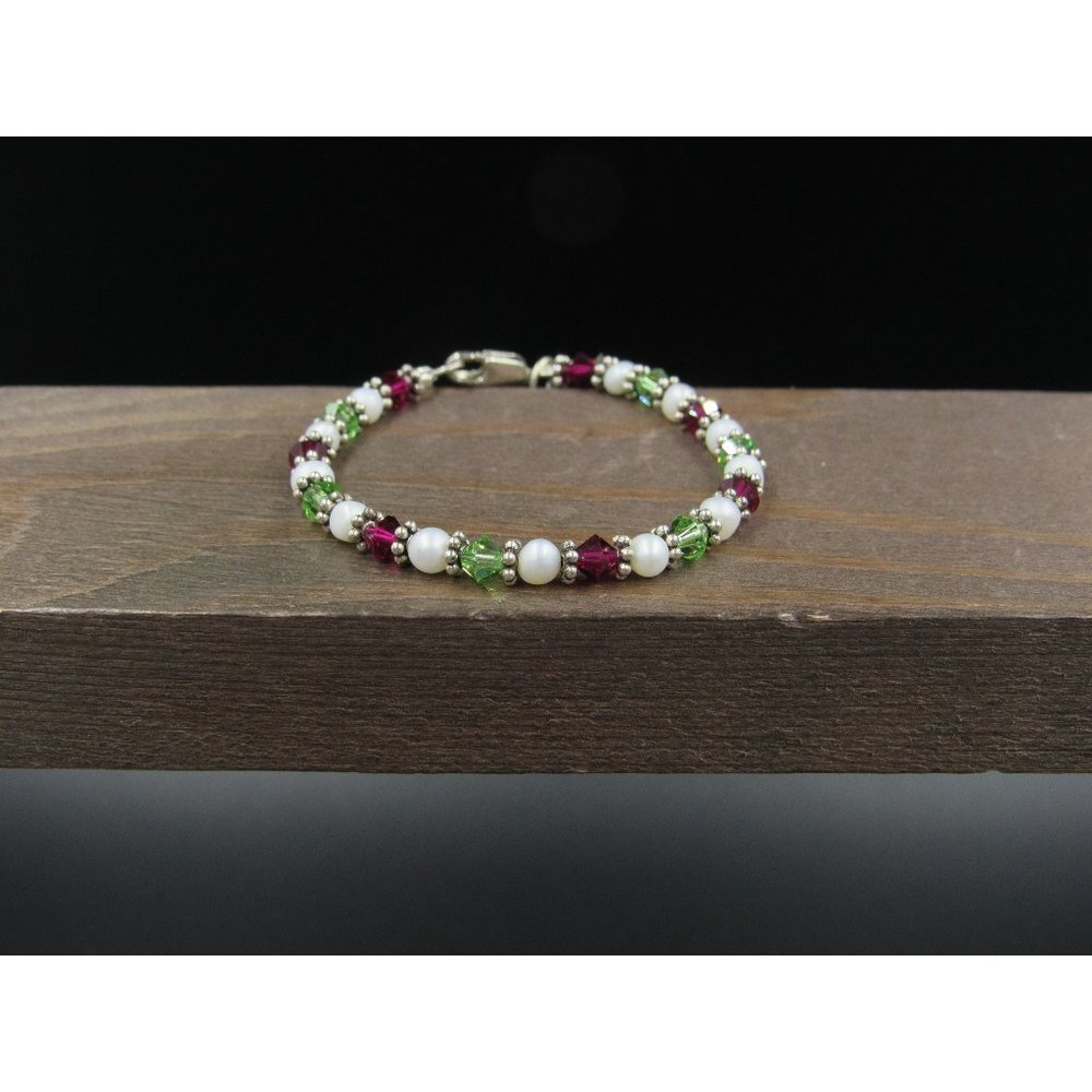 5 Inch Sterling Silver Small Real Pearls With Crystal Accents Bracelet